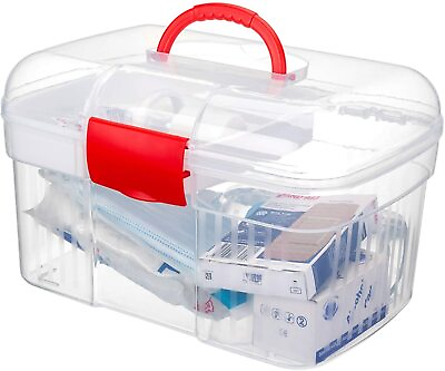 Red First Aid Clear Container Bin Emergency Kit Storage Box w Detachable Tray $32.99