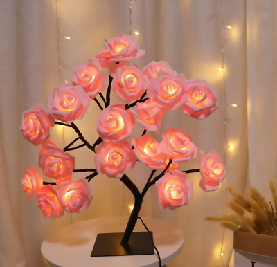 #ad 24 LED Rose Tree Lights USB Plug Table Lamp Fairy Flower Night Light Pink $45.00
