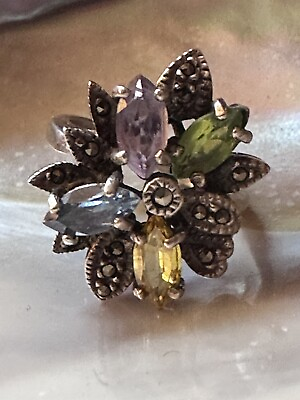 #ad Vintage multcolor Gemstone marcasite sterling silver ring. 1960s $49.00