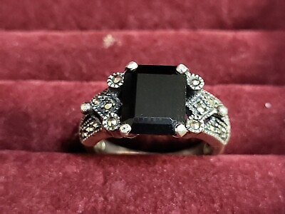 #ad Vintage Sterling Silver Black Onyx Marcasite Sterling Silver Ring $85.00