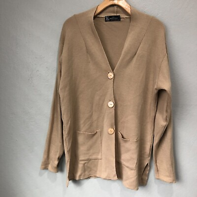 #ad monte carlo womens wool cardigan 42 l xl beige brown v neck thick side slits s18 $32.29