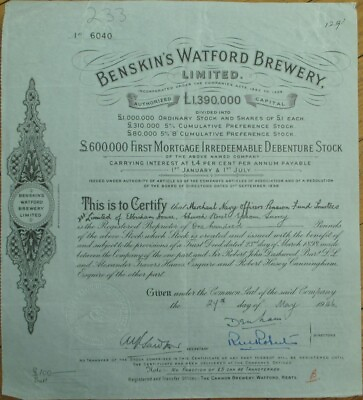 #ad Beer Brewery 1946 Stock Certificate Benskin#x27;s Watford Brewery England UK $49.99
