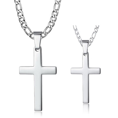 #ad Cross Necklace for Men Women Stainless Steel Plain Pendant Figaro Chain Silver $9.99