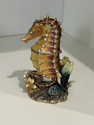 #ad Hinged Seahorse Enamel and Rhinestone Accent 3.5” Trinket Box gold bling $39.90
