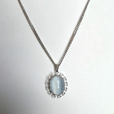 #ad Vintage 925 Sterling Silver Light Blue Moonstone Artisan Pendant Necklace Signed $84.99