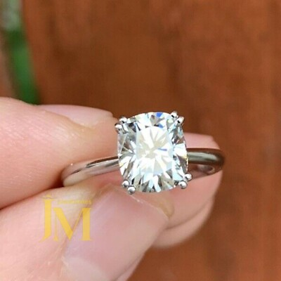 #ad Moissanite Solitaire Engagement Ring Solid 14K White Gold 2 CT Cushion Cut VVS1 $227.07