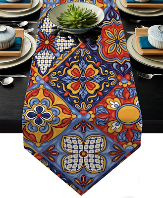 #ad Mexican Talavera Ceramic Tile Pattern Linen Table Runners Dinner Table Settin... $22.76
