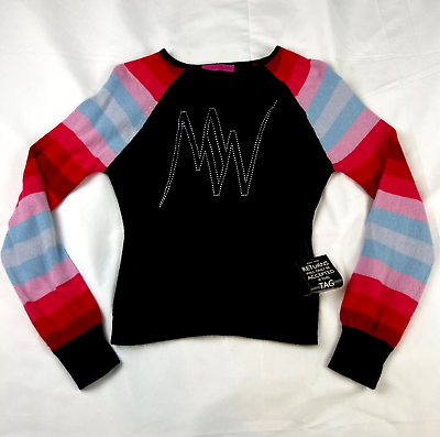 #ad Matthew Williamson Merino Angora Sweater Sz 10 Black Bright Striped Sleeves NWT $75.04