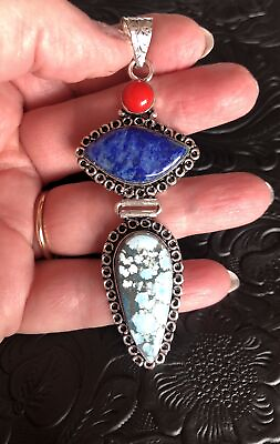 #ad Old Southwest 3” Blue Turquoise Lapis Coral￼ Silver Totem Pendant 16G $38.00