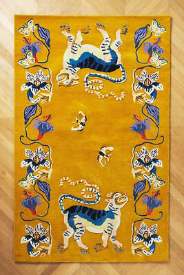 #ad Floral Tufted Rug Animal Print Rug Wool Area Yellow Rug 4x6 5x8 8x10 Bedroom Rug $195.30