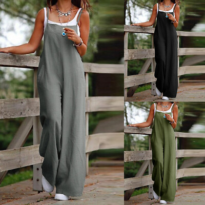 #ad Cotton Linen Womens Baggy Dungarees Jumpsuit Strappy Wide Leg Playsuit Overalls $20.49