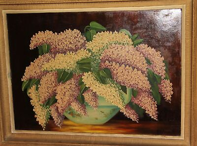 #ad Antique oil painting lovely lilac bouquet in vase still life $270.00
