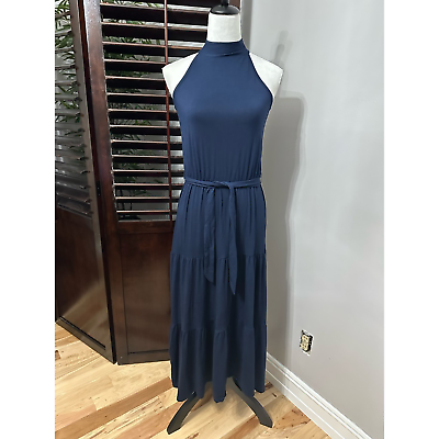 #ad Loveappella Womens A Line Dress Blue Keyhole Maxi Halter Sleeveless Belt S New $43.99