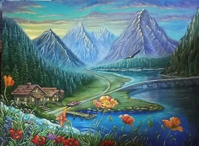 #ad Art Painting House in mountains oil canvas 33quot;x26quot; Kharkiv Ukraine Artist $199.99