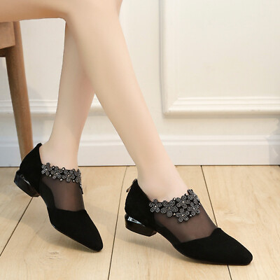#ad Women#x27;s Retro Rhinestone Sandals Elegant Flower Square Heel Mesh Light Sandals $29.96
