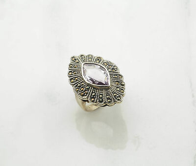#ad Vintage Art Deco Silver Ring Amethyst Marcasite Sterling Purple Size 6 $89.06