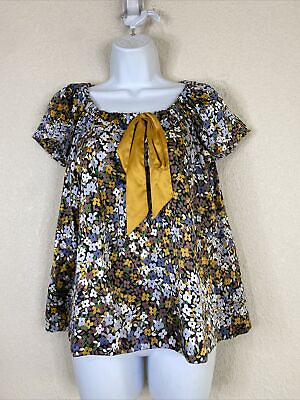 #ad Hamp;M Womens Size 4 S Floral Satin Bowtie Blouse Short Sleeve $9.38