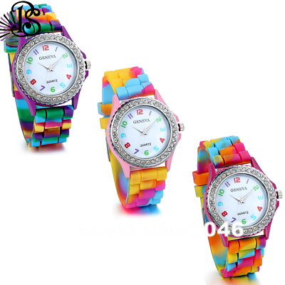 #ad Women Rhinestone Rainbow Color Silicone Quartz Watch Colorful Teen Girls Watches $9.99