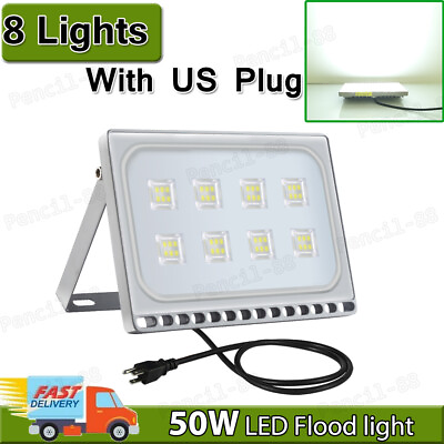 #ad 8Pcs 50W US Plug Waterproof Cool White LED Flood Light Outdoor Garden Security $98.99