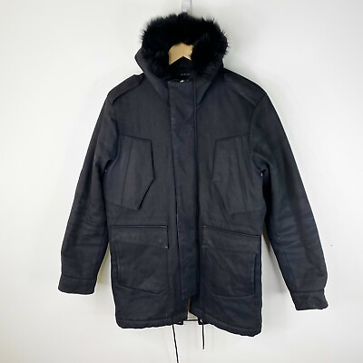 #ad The Kooples Coat Womens Medium Black Winter Parka Anorak Jacket Fur Trim Hood $99.99