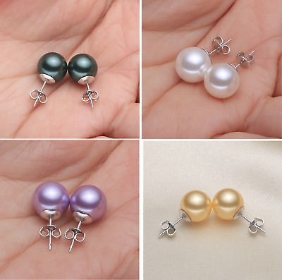 #ad 925 Sterling Silver 8mm Round Natural Tahitian Shell Pearl Stud Post Earrings $9.95