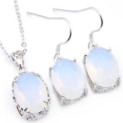 #ad Handmade 2 Pcs 1 Lot Rainbow Moonstone Gems Silver Necklace Pendant Earrings $9.75