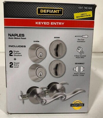 #ad Defiant Keyed Entry 2 Cylinder Deadbolts 2 Keyed Levers Set Naples Satin Nickel $15.95