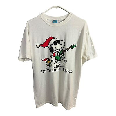 #ad Peanuts Snoopy Tis The Season to Rock Guitars Mens White Size Medium T Shirt Y2K $15.44