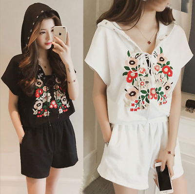#ad 2pcs Woman Fashion Korean Outfits Embroidered Hooded TopsShorts Summer Clothing $12.34