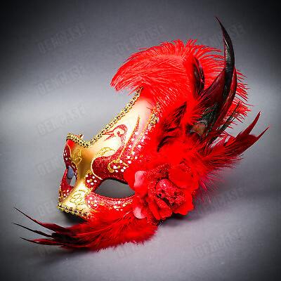 #ad Venetian MardiGras RED Glitter Masquerade Side Feather Women Face Mask Gold $21.99