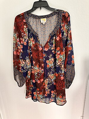 #ad Fig and Flower Womens Tunic Top Size 3X Floral V Neck 3 4 Sleeve Boho Sheer $28.88