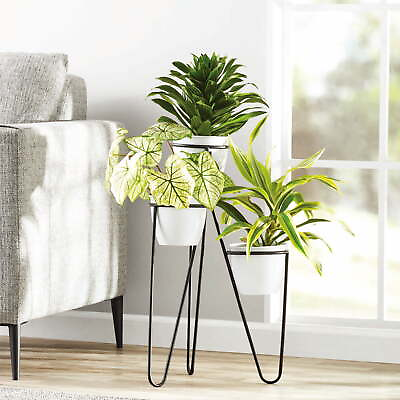 #ad Multi Level White Round Plain Metal Planters with Black Metal Plant Stand $23.74