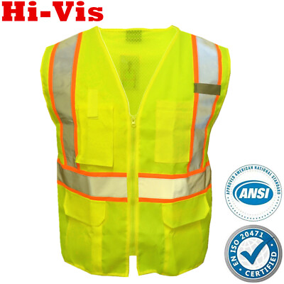 #ad Safety Work Hi Vis ANSI Class 2 Reflective Tape Vest High Visibility Neon Green $14.99