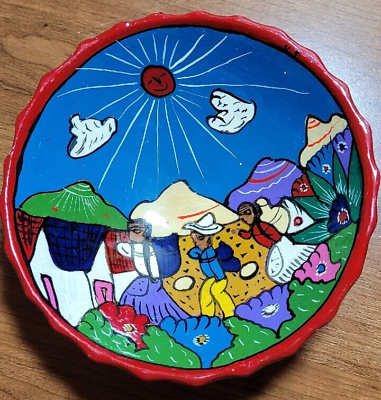 #ad Hand Painted Trinket Bowl Mexican Colorful Clay Pottery 3 Footed 5.5 inch Dish $8.95