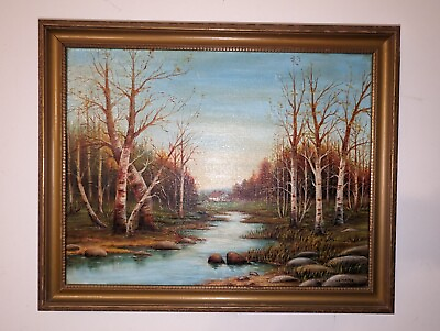 #ad Signed Lemaire River amp; Woods Landscape Oil Painting 1943 21quot; x 17quot; Fall Autumn $145.00