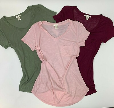 #ad 3pk Womens Casual V Neck Boxy Tee Shirt Top Small Medium Large Pink Green Maroon $18.36