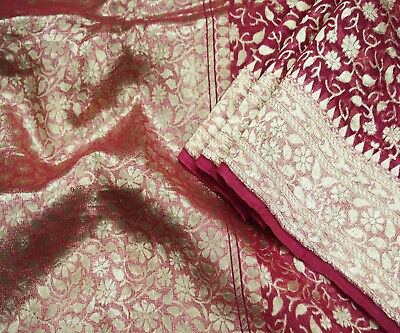#ad Vintage Pink Heavy Saree Organza Silk Hand Woven Banarasi Brocade Sari 5yd Zari $124.00