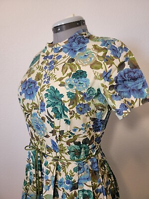 #ad 1950s Vintage Blue Green Floral Dress Large XL Pinup Rockabilly $79.00