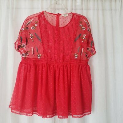 #ad Umgee Embroidered Red Sheer Top Button in Back Embroidered Short Sleeve Small $16.97