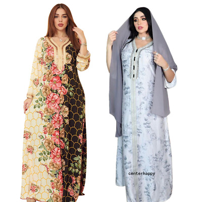#ad Floral Print Abaya Maxi Dress Women Muslim Kaftan Turkey Islamic Long Robes Arab $45.89