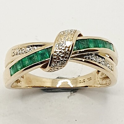 #ad 9ct Emerald amp; Diamond Crossover Twist Eternity Band Yellow Gold Ring Size P 1 4 GBP 175.00
