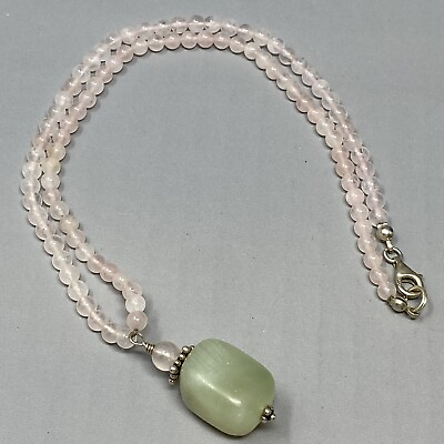 #ad Vintage Stone Necklace Pink Quartz Lime Green Chunky Pendant Gemstone Chakra 18quot; $16.89