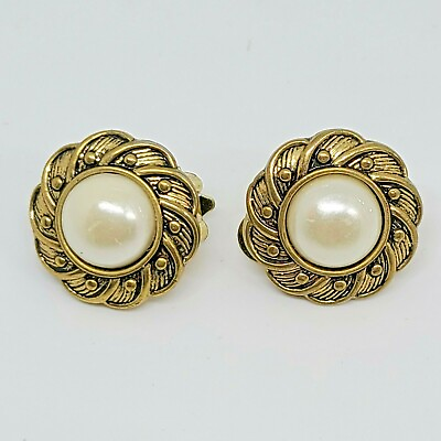 #ad Vintage Faux Pearl Cabochon Flower Gold Tone Clip On Earrings 17mm $6.00