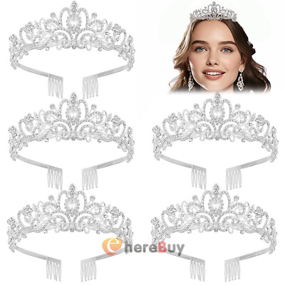#ad 1 5 Pack Crystal Tiara Crown Rhinestone Princess Silver Tiara for Girls Women $10.49