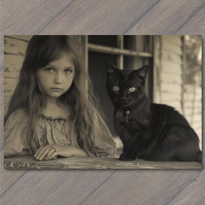 #ad POSTCARD Girl Black Cat Weird Creepy Pet Old Vibe Unusual Cute Scary Strange Fun $6.00