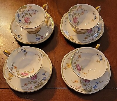 #ad Castleton China Sunnyvale Set Of 4 Demitasse Cup W Footed Saucer With Gold Trim $49.99
