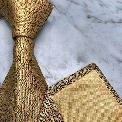 #ad Hermes Tie for Men H Logo Faccone Pattern Gold Yellow Silk No Box Used $95.12