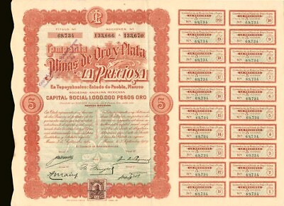 #ad Compania de las Minas de Oro y Plata La Preciosa Stock Certificate Mexican S $95.00