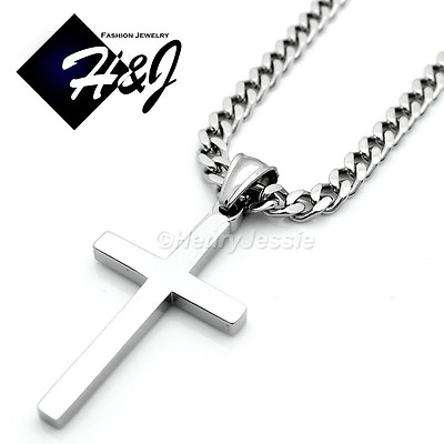 #ad 18quot; 36quot;MEN Stainless Steel 5mm Silver Cuban Curb Chain Necklace Cross Pendant*P $19.79