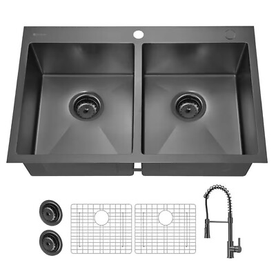 #ad Glacier Bay Dual Mount 33 in Double Bowl Black Stainless Kitchen Sink amp; Faucet $309.95
